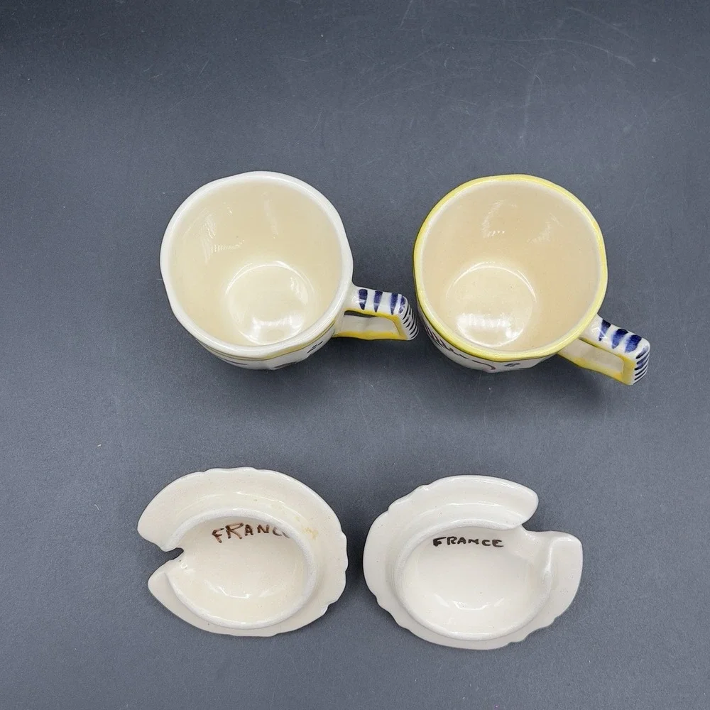VTG Henriot HB Quimper Pottery 2 Jelly Jam Jars w/‎ Lid France Yellow Band 1900s